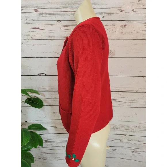 Red Embroidered Floral Long Sleeve Cardigan Sweater Women's Size Medium - Picture 5 of 8